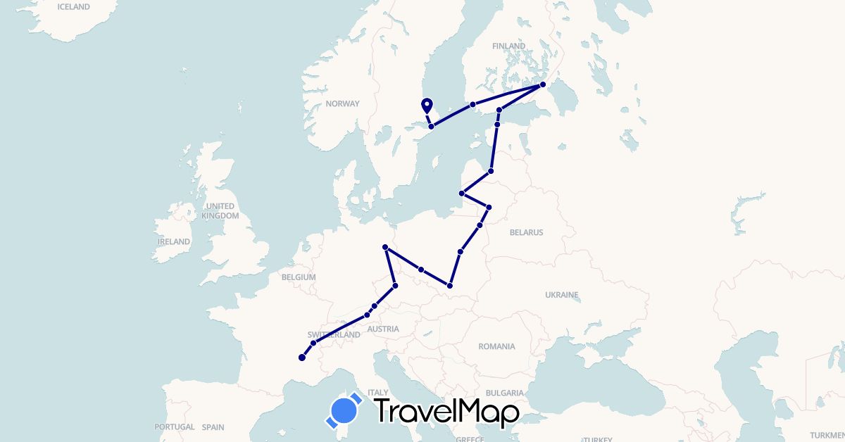 TravelMap itinerary: driving in Switzerland, Czech Republic, Germany, Estonia, Finland, France, Lithuania, Latvia, Poland, Sweden (Europe)